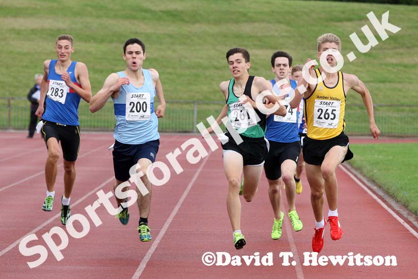 Jethro McGraw (Amber Valley and Erewash AC), no 261 Ben Lewis (City of York) and winner no 200  Matthew Bailey (Middles AC Mandale) in the 800 metres at the Northern Under-17s and 15s Championships, Liverpool.